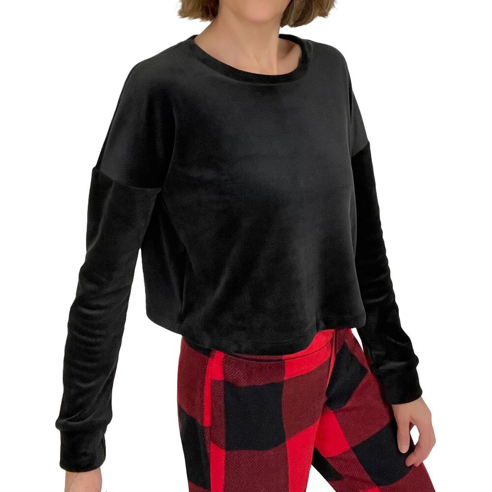 Beyond Yoga Brushed Up Pullover Sz S New $78 Black Velvet Cropped Lounge Top